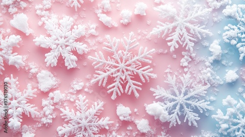 Close-up of Sparkling Snowflakes on Soft Pink and Blue Gradient Background