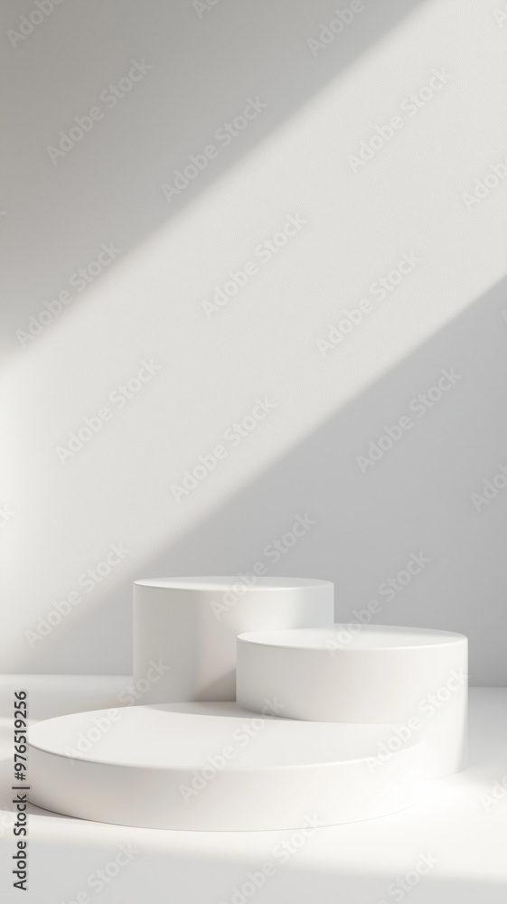 Minimalistic podiums in bright, serene setting create calming atmosphere Minimalistic podiums in bright, serene setting create calming atmosphere