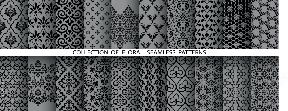 Geometric floral set of seamless patterns. Gray and black vector backgrounds. Damask graphic ornaments Geometric floral set of seamless patterns. Gray and black vector backgrounds. Damask graphic ornaments