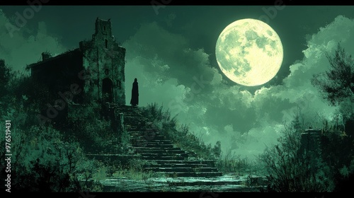 Ghostly Haunted Mansion: Eerie Specter at Moonlit Entrance with Overgrown Garden and Chilling Atmosphere