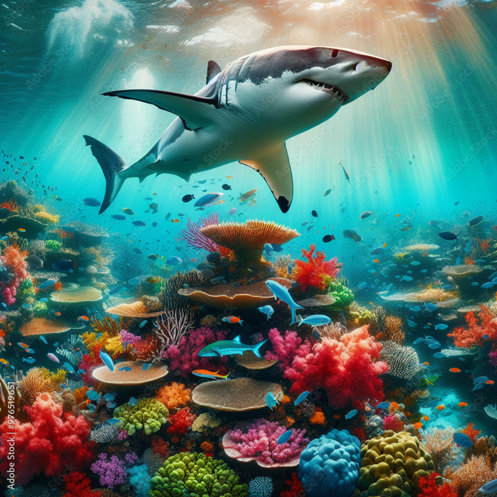 Fototapeta premium Did you know that great white sharks have continuously growing teeth? They have as many as 3,000 teeth. Once the front teeth become too worn, the back teeth will replace them.