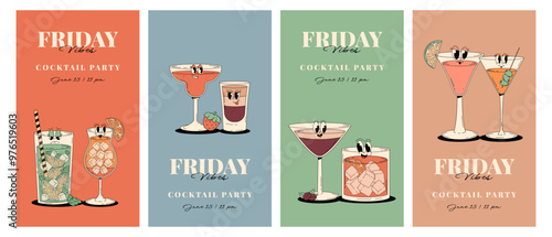 Retro Party Invitation posters set. Funky cocktail characters in groovy style. Vintage Friday vibes. Summer vector vertical illustrations