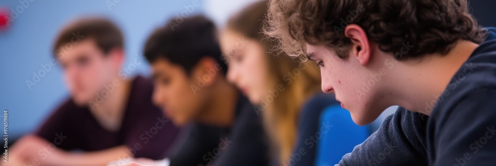 Fototapeta premium A group of individuals are seated in a classroom environment, intently engaged in studying or attending a lecture, focused on learning and knowledge acquisition.