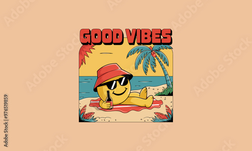 Smiley face relaxing on the beach with drink, palm trees, and Good Vibes text