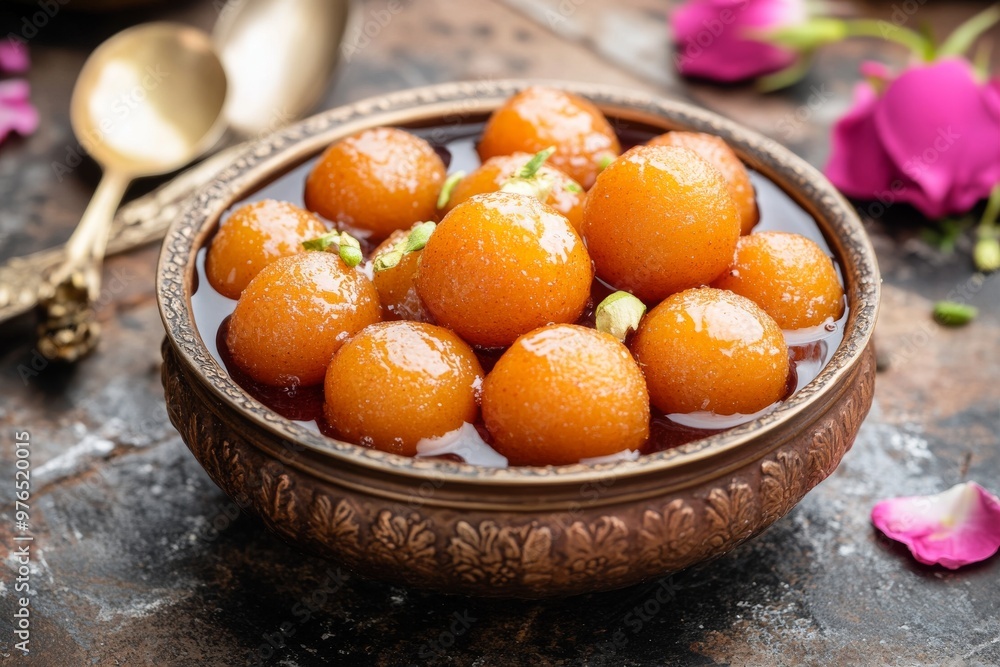 Gulab Jamun, A popular dessert consisting of deep-fried dough balls soaked in a sweet syrup flavored with cardamom, rose water, or saffron. Gulab Jamun, A popular dessert consisting of deep-fried dough balls soaked in a sweet syrup flavored with cardamom, rose water, or saffron.