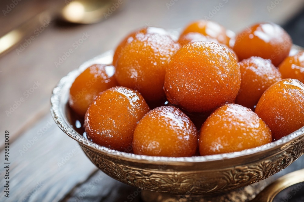 Gulab Jamun, A popular dessert consisting of deep-fried dough balls soaked in a sweet syrup flavored with cardamom, rose water, or saffron. Gulab Jamun, A popular dessert consisting of deep-fried dough balls soaked in a sweet syrup flavored with cardamom, rose water, or saffron.