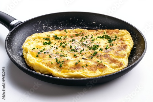 Omelette, Beaten eggs cooked in a frying pan, often filled with ingredients such as cheese, vegetables, meats, and herbs. Isolated on White Background