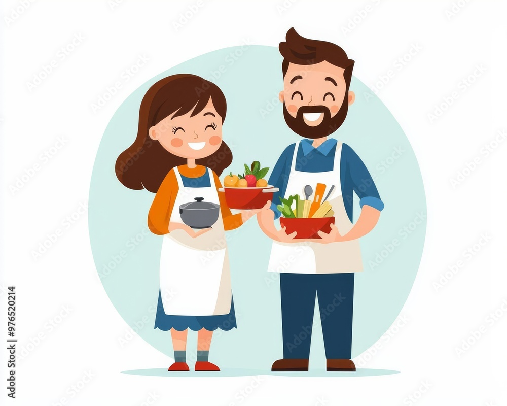Family cooking and learning together, homeschool life, flat design illustration Family cooking and learning together, homeschool life, flat design illustration