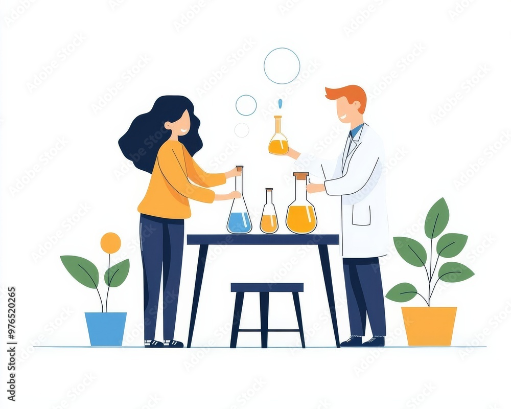 Family doing science experiments at home, flat design illustration Family doing science experiments at home, flat design illustration