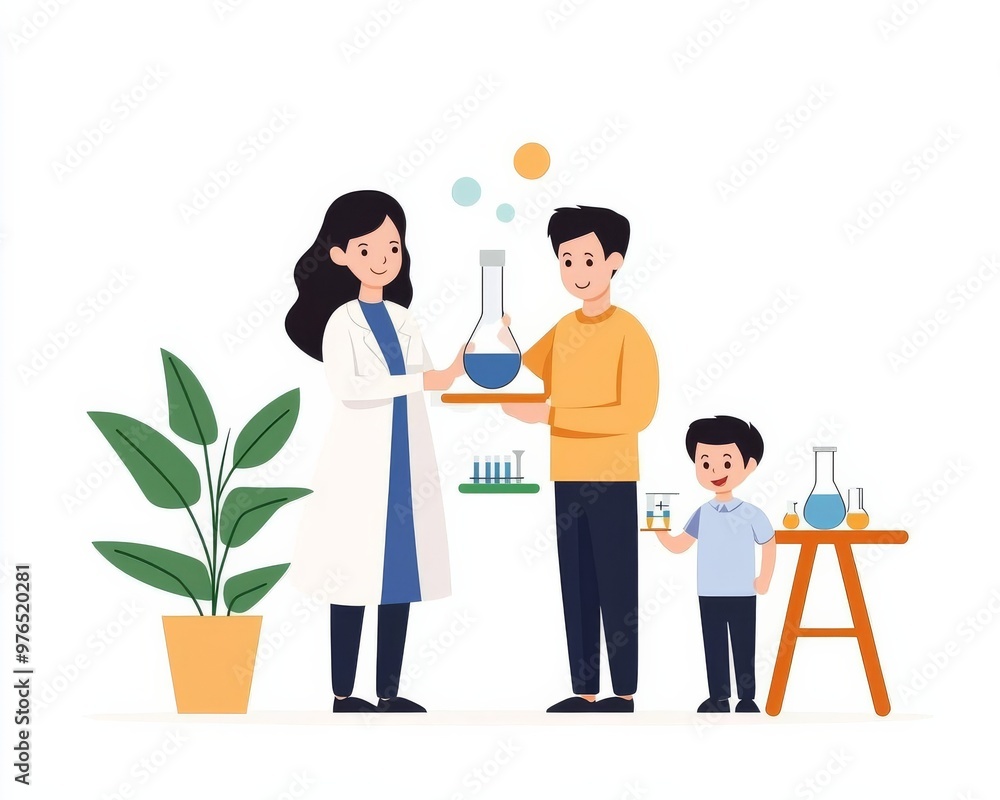 Family doing science experiments at home, flat design illustration Family doing science experiments at home, flat design illustration
