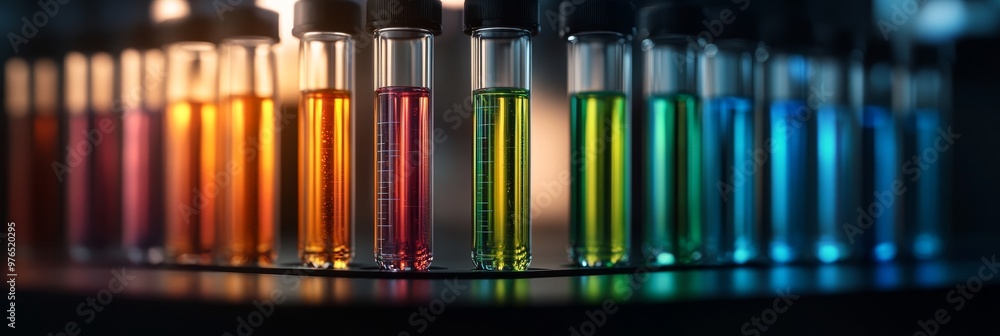 A row of test tubes filled with colorful liquids, representing scientific discovery, experimentation, and the vibrant spectrum of chemical compounds. A row of test tubes filled with colorful liquids, representing scientific discovery, experimentation, and the vibrant spectrum of chemical compounds.