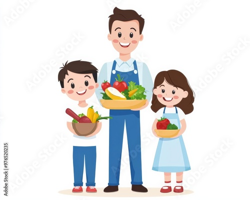 Family cooking and learning together, homeschool life, flat design illustration