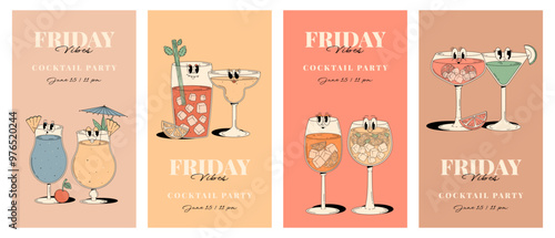Retro Party Invitation poster set. Funky cocktail characters in groovy style. Vintage Friday vibes. Summer vector vertical banners