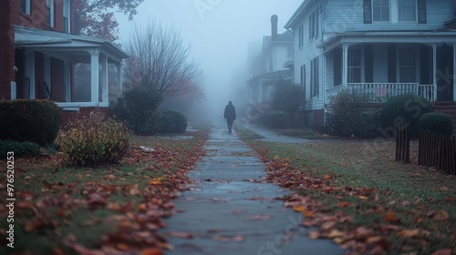 Ghostly Figure on Foggy Victorian Street - Eerie Urban Scene with Vintage Houses and Apparition Walking in Misty Alleyway