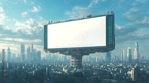 Futuristic Cityscape with Blank Billboard for Advertising