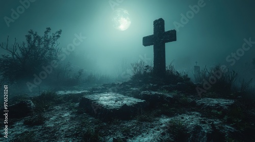 Ghostly Apparition in Foggy Graveyard - Eerie Moonlit Scene of Haunting Spirit Above Crumbling Tombstone