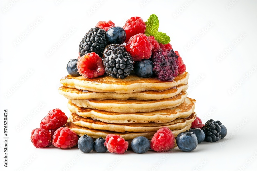 Pancakes, Fluffy cakes made from a batter of flour, milk, eggs, and baking powder isolated on white background Pancakes, Fluffy cakes made from a batter of flour, milk, eggs, and baking powder isolated on white background