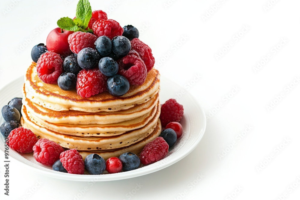 Pancakes, Fluffy cakes made from a batter of flour, milk, eggs, and baking powder isolated on white background Pancakes, Fluffy cakes made from a batter of flour, milk, eggs, and baking powder isolated on white background