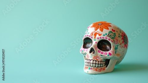 Conceptual image featuring a Dia De Los Muertos skull on a solid color backdrop with clear space for text. photo