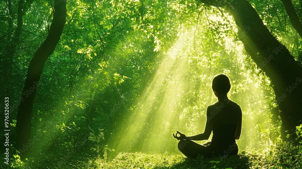 Silhouette of a Woman Meditating in a Forest with Sunlight Streaming Through the Trees Silhouette of a Woman Meditating in a Forest with Sunlight Streaming Through the Trees