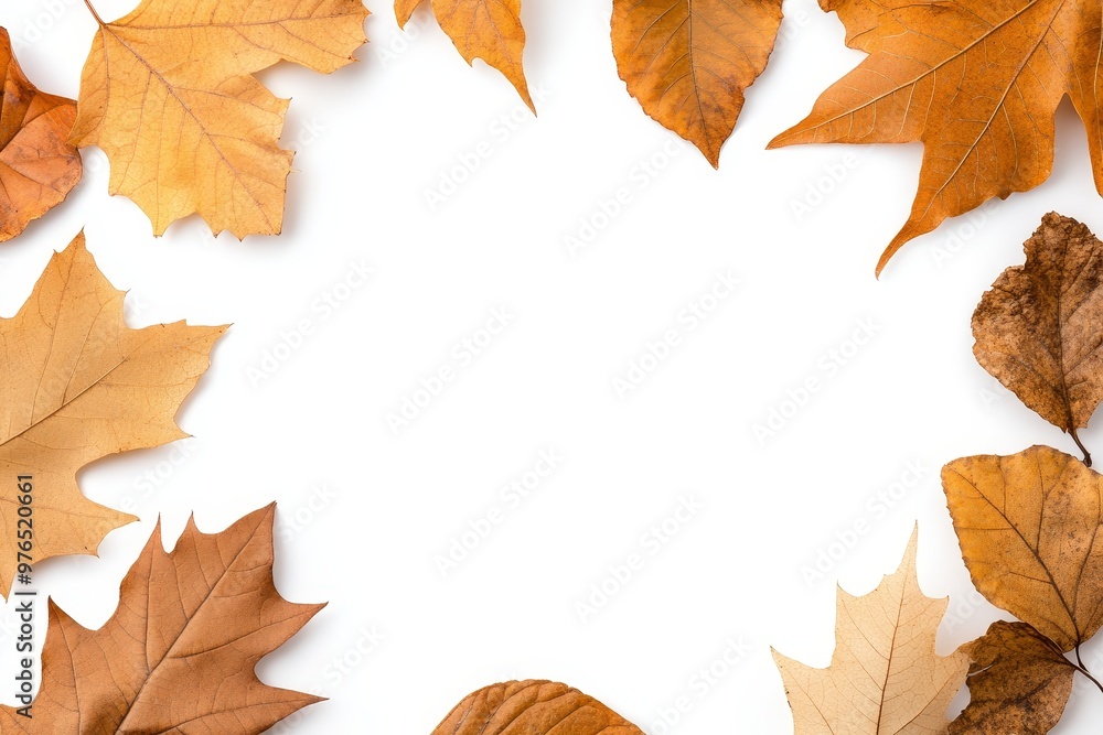 A frame of autumn leaves arranged around a white background, symbolizing nature, change, fall, seasonality, and beauty. A frame of autumn leaves arranged around a white background, symbolizing nature, change, fall, seasonality, and beauty.