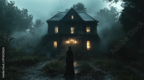 Eerie Haunted Victorian House with Ghostly Figure in Garden at Night