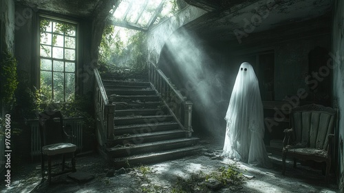 Haunted Attic: Spooky Ghost in Abandoned Space with Cobwebs, Dusty Windows, and Vintage Furniture