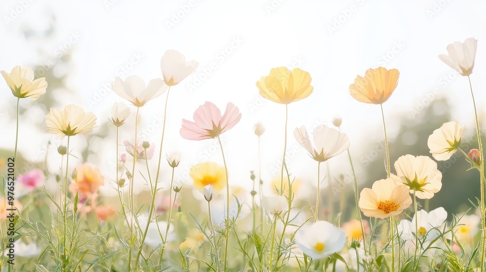 Delicate Pastel Cosmos Flowers in a Meadow with Soft Light Delicate Pastel Cosmos Flowers in a Meadow with Soft Light
