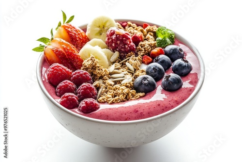 Smoothie Bowl, A thick smoothie made from blended fruits, yogurt, and sometimes vegetables, served in a bowl and topped with granola, seeds, nuts, and fresh fruit, Isolated on White Background