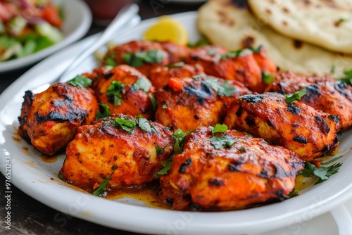 Tandoori Chicken, Chicken marinated in yogurt and a blend of spices, then cooked in a tandoor (clay oven) until charred and smoky, often served with naan and salad.