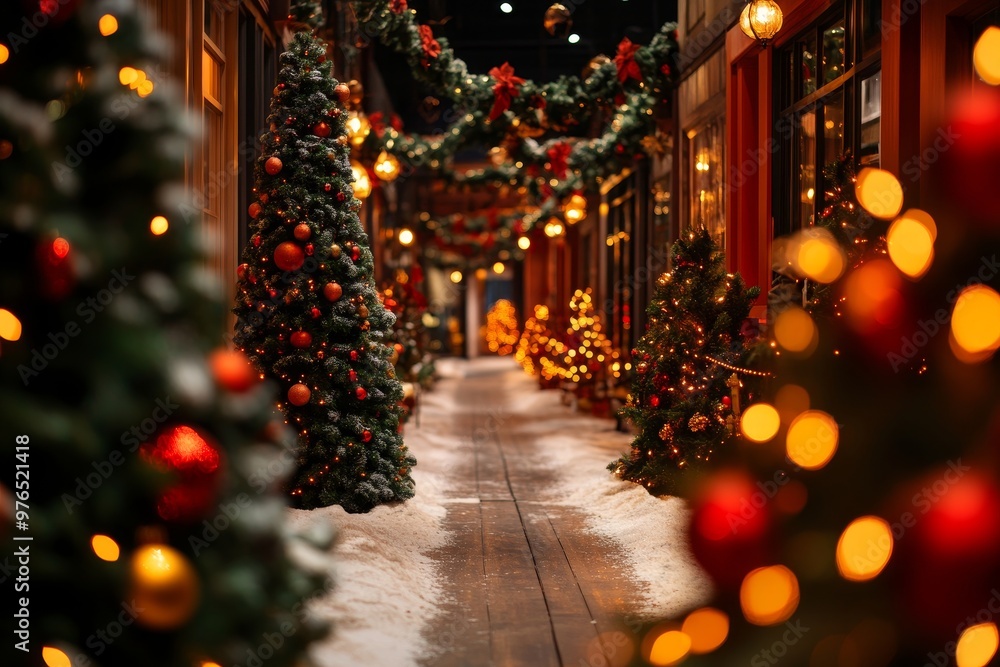 A magical Christmas street scene with twinkling lights, snow-covered ground, and decorated trees. A magical Christmas street scene with twinkling lights, snow-covered ground, and decorated trees.
