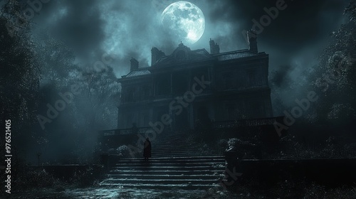 Ghostly Haunted Mansion on Moonlit Hill with Figure at Entrance, Eerie Shadows and Overgrown Garden â€“ Chilling Spooky Scene