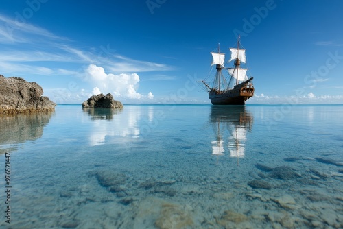 A majestic pirate ship with white sails is anchored in a pristine lagoon, surrounded by rocky outcroppings. The calm, clear turquoise water reflects the blue sky and fluffy white clouds, creating a se