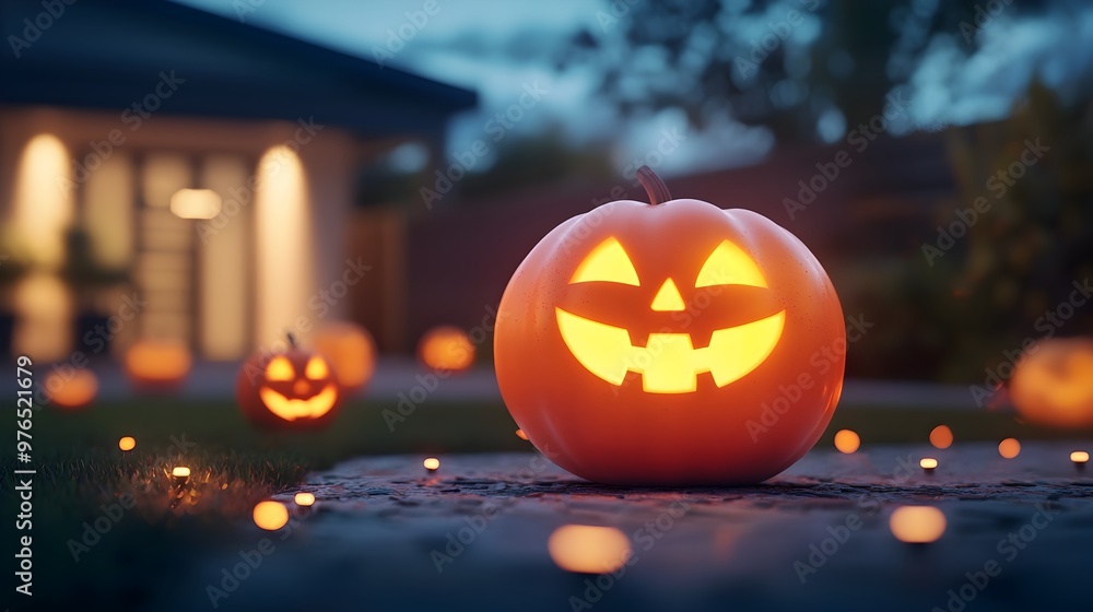 Fototapeta premium Glowing Halloween Pumpkins with Animated Faces Lighting up the Autumn Night Yard