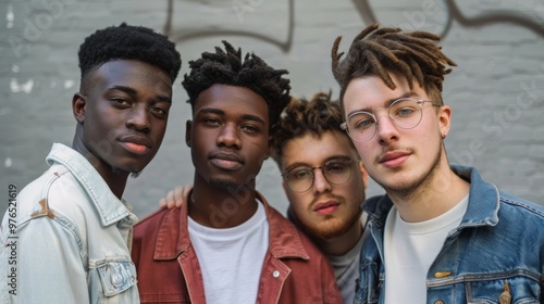 Four young men standing together, each with a distinct skin tone, looking at the camera with confidence and pride