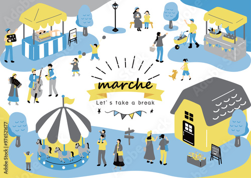 マルシェ　休日のマーケットで楽しむ人々