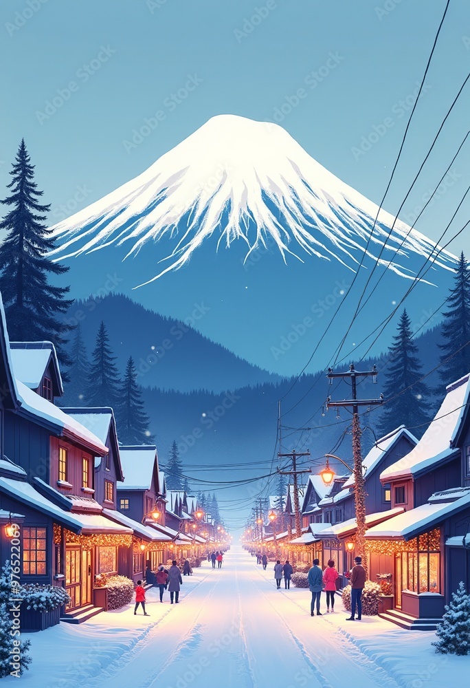 Fototapeta premium Japanese Winter Cityscape: Mount Fuji, Snow, Christmas Atmosphere