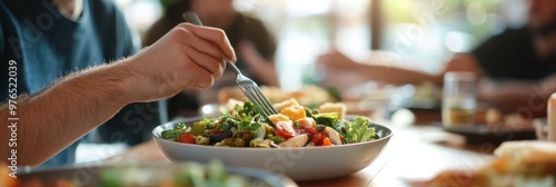 An individual savoring a fresh and colorful salad in a welcoming restaurant environment, highlighting the aspects of healthy lifestyle and culinary delight. photo