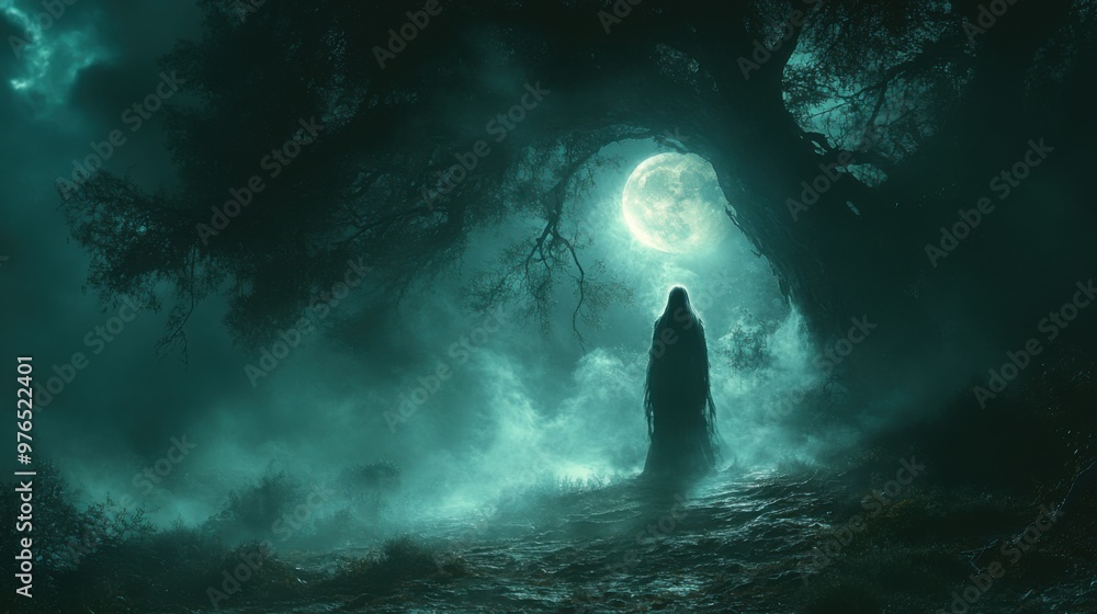 Haunted Night: Ghostly Figure in Dark and Twisted Forest with Eerie Moonlit Fog Haunted Night: Ghostly Figure in Dark and Twisted Forest with Eerie Moonlit Fog