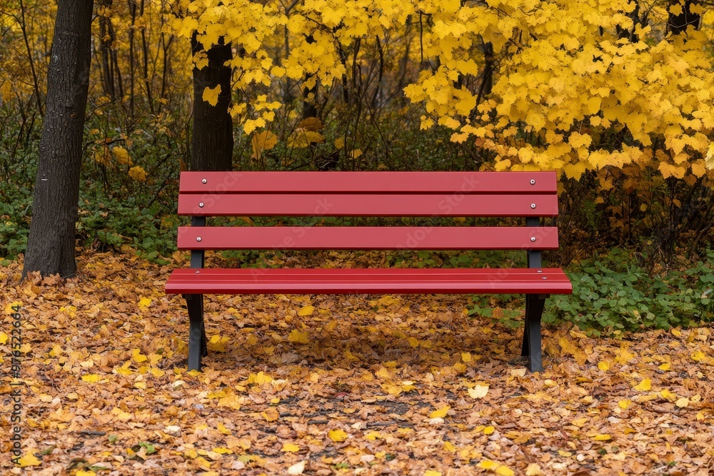 A red bench sits invitingly in an autumnal park, surrounded by vibrant yellow leaves, offering a peaceful spot to enjoy the changing season. A red bench sits invitingly in an autumnal park, surrounded by vibrant yellow leaves, offering a peaceful spot to enjoy the changing season.