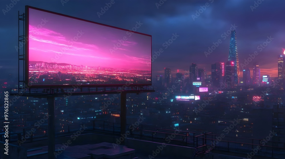 Neon Cityscape at Night with Billboard Displaying Sunset Neon Cityscape at Night with Billboard Displaying Sunset