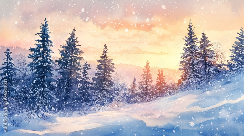 Wintery Watercolor Landscape with Snow Falling on Pine Trees. Wintery Watercolor Landscape with Snow Falling on Pine Trees.