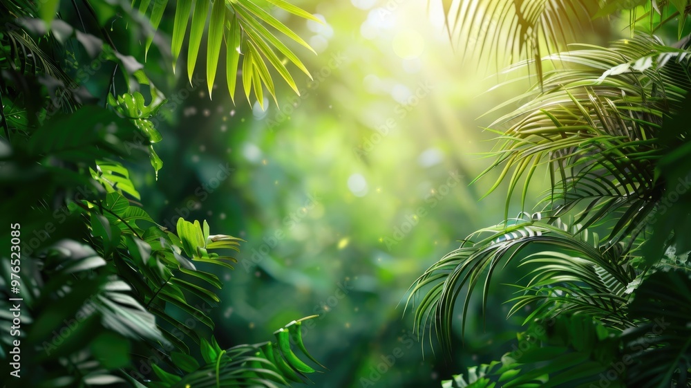 Lush green foliage in dense tropical jungle with sunlight filtering through Lush green foliage in dense tropical jungle with sunlight filtering through