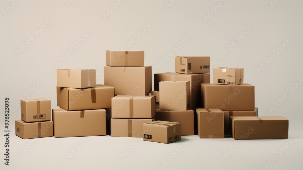 A group of stacked cardboard boxes against a white background. A group of stacked cardboard boxes against a white background.