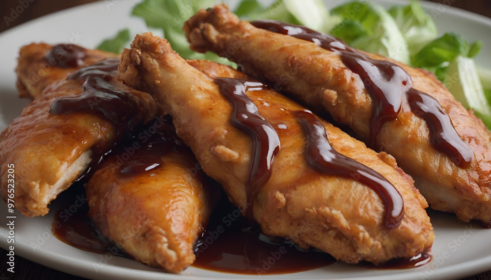 crispy chicken tenders on a plate with barbeque sauce crispy chicken tenders on a plate with barbeque sauce