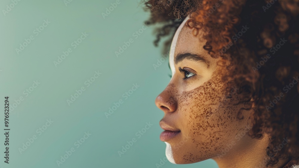 Side profile of young woman with curly hair and freckles against blue background Side profile of young woman with curly hair and freckles against blue background