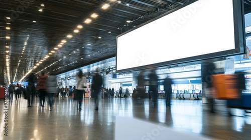 A busy airport terminal with blurred figures walking past a large blank advertising screen, capturing the essence of travel and movement. photo