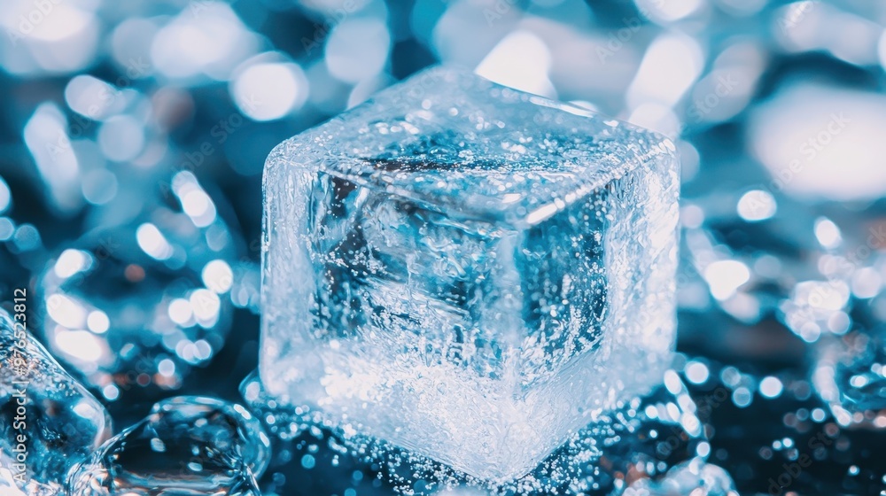 Close up Macro of a Crystal Clear Ice Cube on a Blue Background Close up Macro of a Crystal Clear Ice Cube on a Blue Background