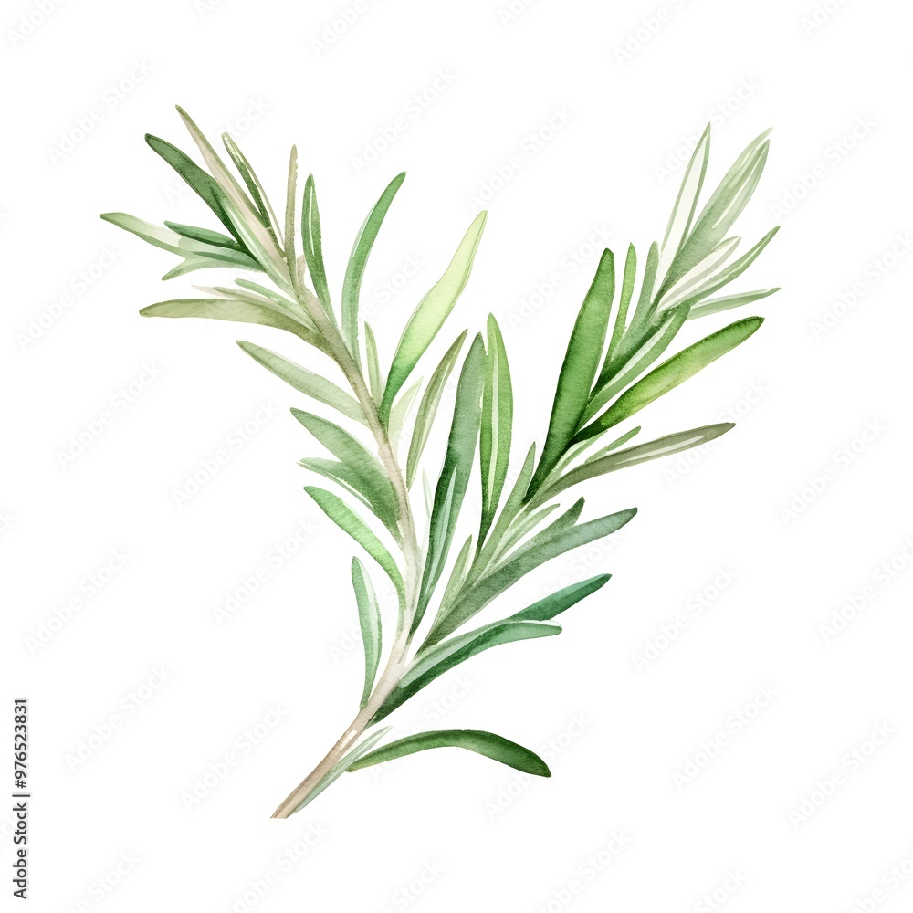 Watercolor of Rosemary Sprig on Isolated White Background Watercolor of Rosemary Sprig on Isolated White Background