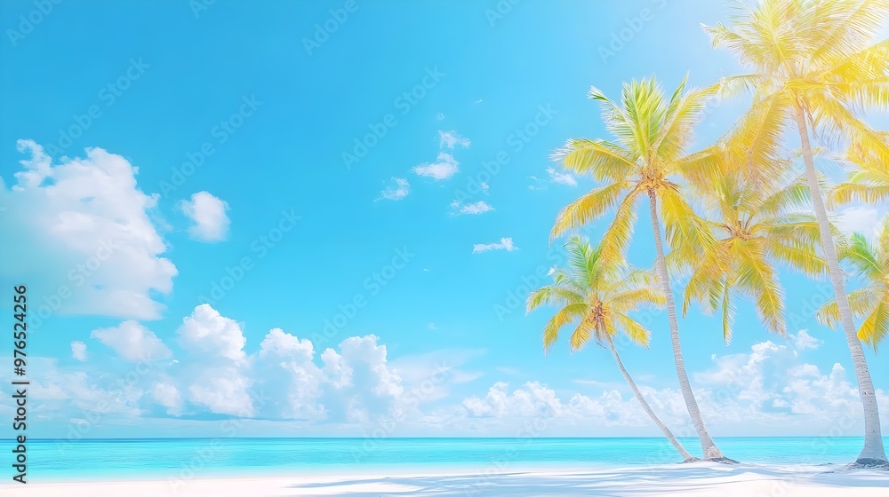 Tropical Beach Paradise: Palm Trees, White Sand, Blue Sky Tropical Beach Paradise: Palm Trees, White Sand, Blue Sky